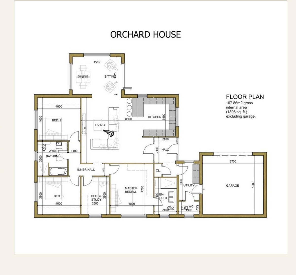 Floor plan of Orchard House — four-bedroom single-storey bungalow, 1,806 sq ft plus 600 sq ft loft, sunroom extension, double garage, Cockermouth