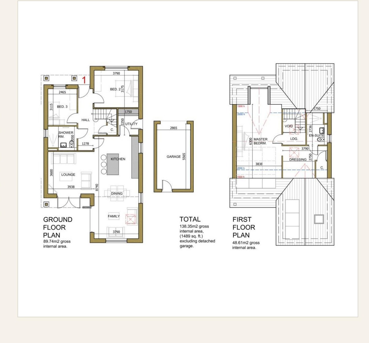 Floor plan of No. 1 Orchard Place — three-bedroom dormer bungalow, 1,489 sq ft, ground and first floor, 520 sq ft master suite, detached garage, Cockermouth