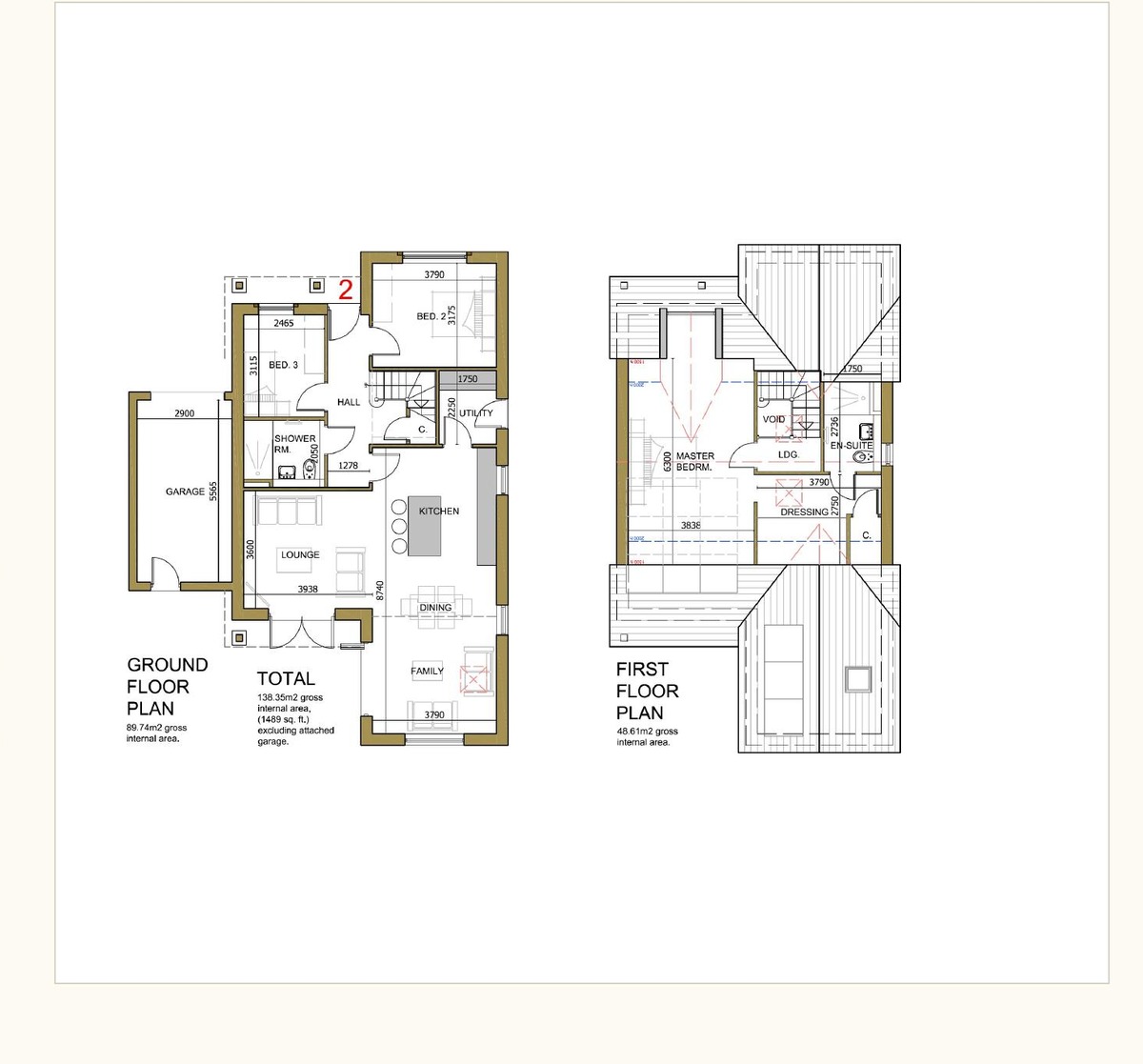 Floor plan of No. 2 Orchard Place — three-bedroom dormer bungalow, 1,489 sq ft, mirrored layout to No. 1, attached garage, Cockermouth