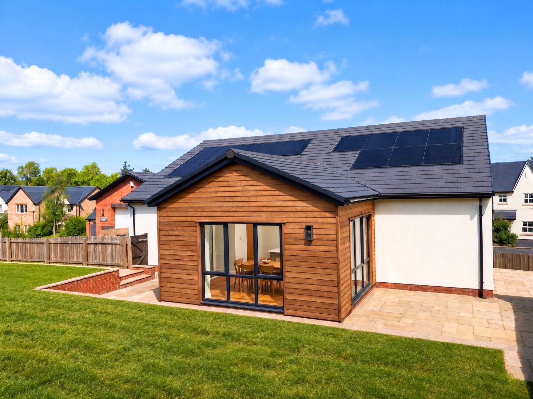 Orchard House — four-bedroom bungalow with cedar sunroom extension and solar panels